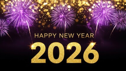 Happy New Year 2026 purple fireworks gold sparkles