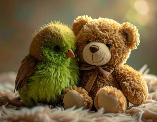 Plush friends snuggle a green toy bird nestles next to a tan teddy bear on a soft pink blanket