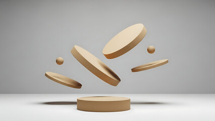 Abstract composition of golden geometric shapes floating above a podium on a light gray background, minimalist 3D render