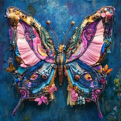 Stunning butterfly artwork created from beads, threads, and vibrant colors forming an expressive and detailed design