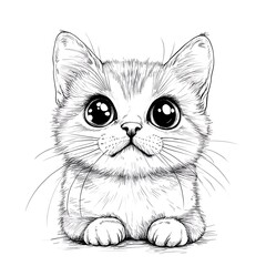 Sweet little kitten sitting with big eyes and fluffy fur in a detailed black and white drawing