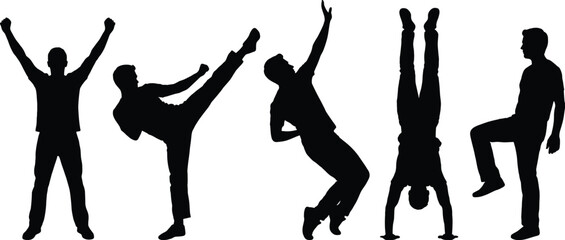 Cartoon silhouette poses, expressive human movement, editable vector clipart, isolated, black figures, dance, martial arts, gymnastics, drama
