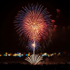 Fireworks Display Over City Lights At Night explosion