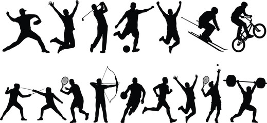 Large Collection of Athlete Silhouettes Playing Various Sports and Fitness Activities Isolated on White Background for Professional Sports Graphic Design