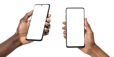 Two hands holding smartphones with transparent screens on a gray checkered background, isolated.
