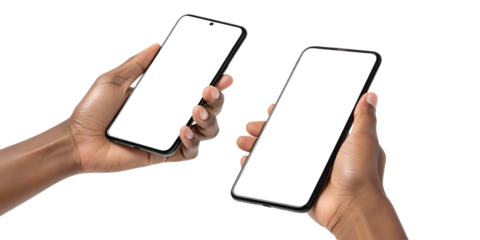 Hands holding smartphones with transparent screens in front of gray checkered background, close up.