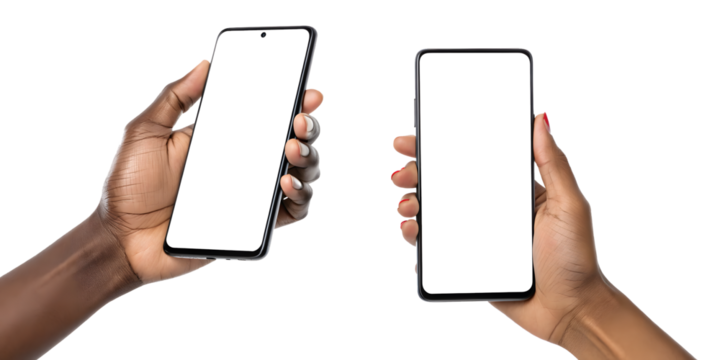 Two hands holding smartphones with transparent screens on a gray checkered background, isolated. - Powered by Adobe