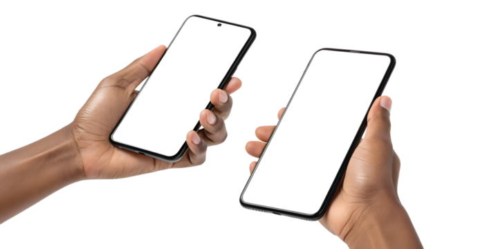 Hands holding smartphones with transparent screens in front of gray checkered background, close up. - Powered by Adobe