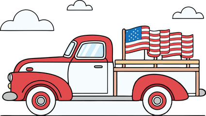 Vintage Pickup Truck Carrying American Flags Vector Illustration