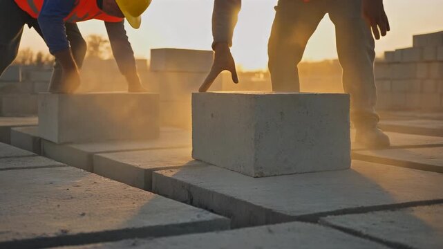 Team of male construction workers laying heavy concrete blocks on a building site. Industrial laborers working together at sunrise representing teamwork and manual labor