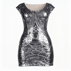 Elegant silver sequin dress on a white background, shimmering and captivating
