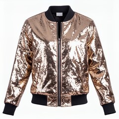 Isolated shimmering bomber jacket with golden sequins against a clean white background