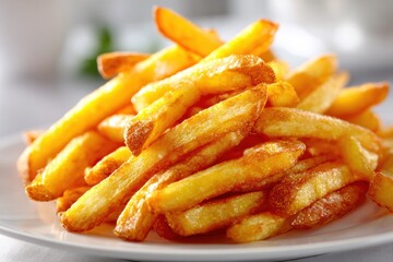 Golden French Fries on a Plate: A mouthwatering display of crispy, golden-brown French fries piled high on a pristine white plate, promising a satisfying culinary experience.