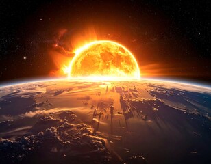 An awe-inspiring depiction of a celestial event, perhaps the Sun's rise over a planet, with brilliant light and dramatic clouds