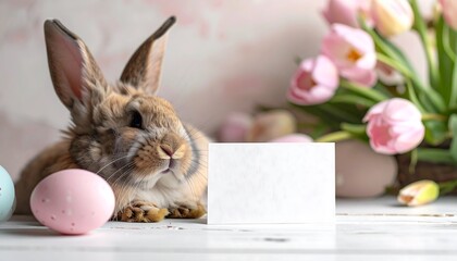 An Easter scene depicts a bunny, pastel eggs, and pink tulips, with a blank card centered. A soft, floral background