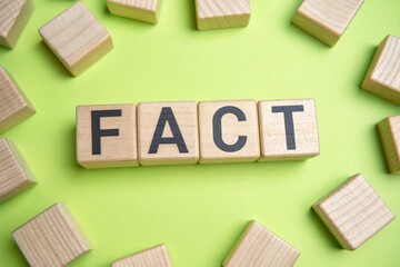 Blocks forming the word FACT symbolize truth, verification, and evidence based information, representing accuracy, research, transparency, and reliable data for journalism, education, and analytical c
