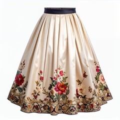 Elegant satin midi skirt featuring floral and ornamental pattern on a white background