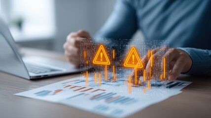 cybersecurity network forensics. Digital alert icons displayed over business documents and a laptop, indicating potential risks or warnings.