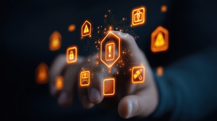 cybersecurity network forensics. A hand interacting with digital icons representing technology and security.