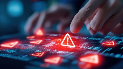 cybersecurity network forensics. A hand interacting with digital alerts on a touchscreen interface.