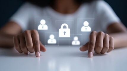 cybersecurity network forensics. Hands interacting with digital security icons representing data protection and privacy.