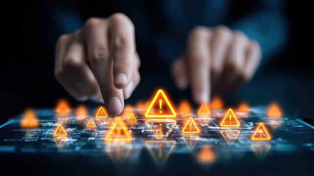 cybersecurity network forensics. A hand interacting with a digital interface displaying warning symbols. - Powered by Adobe