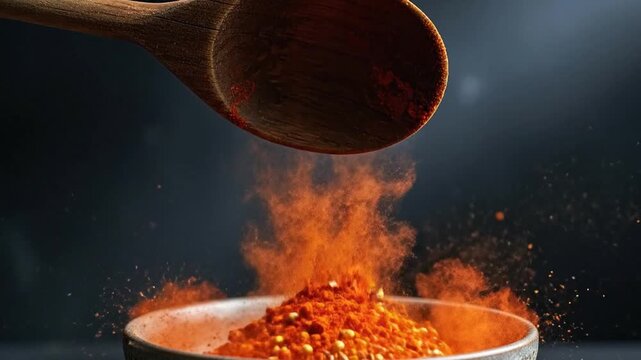 Vibrant spices falling from spoon into textured bowl on dark background.