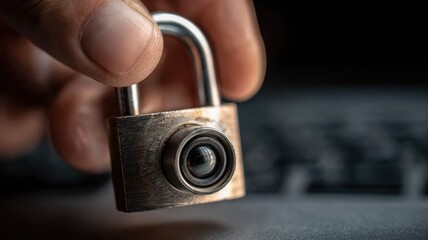 cybersecurity network forensics. A hand holds a padlock over a keyboard, symbolizing security and protection.