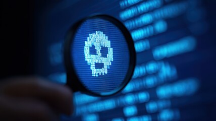 cybersecurity network forensics. Magnifying glass focusing on a digital skull against a backdrop of binary code.