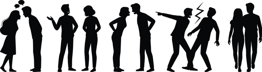Interpersonal silhouette set, conflict to affection, body language icons, emotional interaction, black vector, isolated, stock illustration