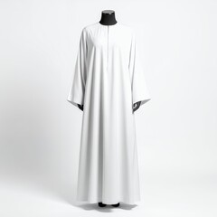 Elegant white Thobe garment on a mannequin, against a clean white backdrop