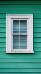 Fototapeta premium Stunning photo of White framed window with closed blinds on a vibrant green wooden wall