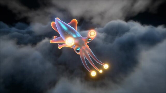 A glowing, translucent, futuristic squid-like creature with bioluminescent features floating in dark, atmospheric clouds.