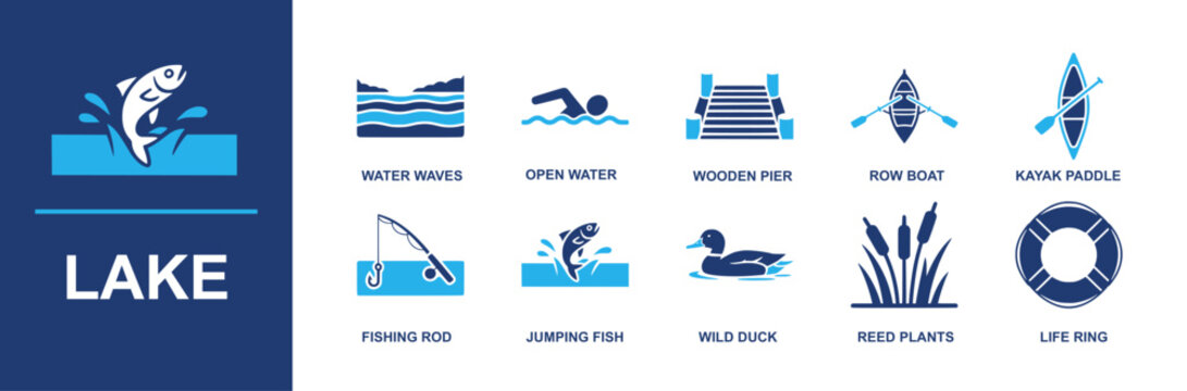 Lake icon set. Containing water waves, open water, wooden pier, row boat, kayak paddle, fishing rod, jumping fish, wild duck, reed plants, life ring and more. Solid vector icons