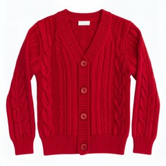 Bright red knitted cardigan with cable pattern on a clean white backdrop