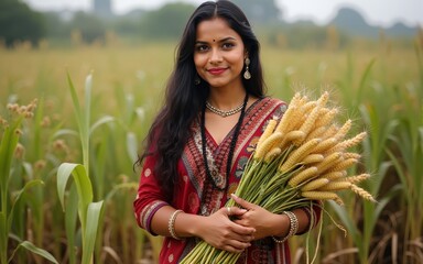 Indian Woman with Harvest - Portrait of an Indian woman proudly holding harvested crops. High quality
