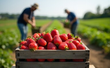 Crate full of freshly picked red strawberries standing at farm field, farmers picking berries on background. High quality