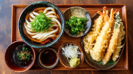 Delicious Japanese Cuisine Featuring Tempura Shrimp, Udon Noodles, and Fresh Chopped Green Onions on Wooden Tray