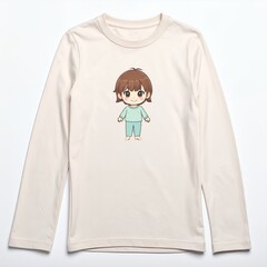 Long-sleeved cream shirt featuring a central cartoon character illustration on a white background
