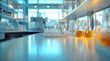 Stunning photo of Laboratory bench with test tubes and flasks filled with yellow liquid