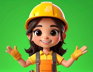 Animated female construction worker with brown hair, large eyes, and bright smile, wearing a yellow hard hat and gloves against green