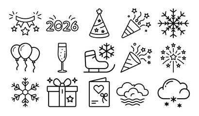 January & New Year 2026 Winter Celebration Line Icons Set