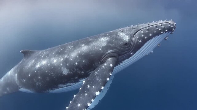 A majestic humpback whale swimming gracefully in the deep blue ocean, showcasing its unique skin patterns and tubercles.