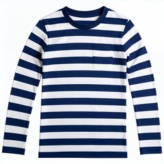 Striped long-sleeve t-shirt with navy blue and white pattern on a white backdrop