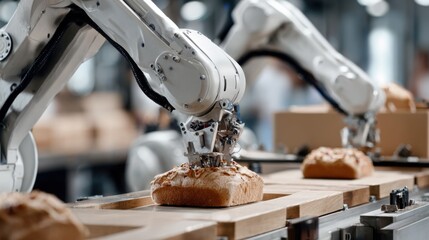 Advanced robotic arms in bakery production line handling freshly baked bread loaves for automated food manufacturing processes