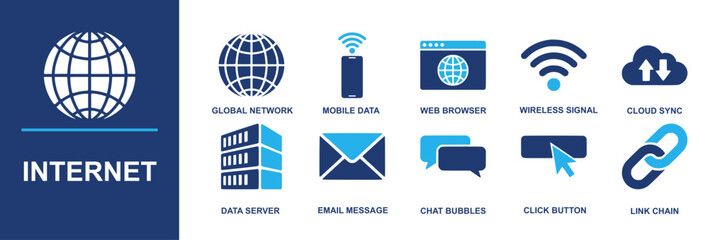 Internet icon set. Containing global network, mobile data, web browser, wireless signal, cloud sync, data server, email message, chat bubbles, click button, link chain and more. Solid vector icons
