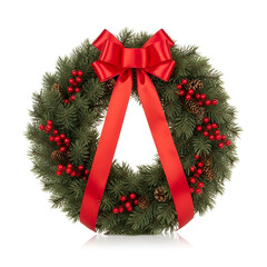 Christmas wreath with red bow and berries