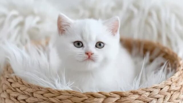 A beautiful, pristine white kitten with captivating light grey eyes and a delicate pink nose is peacefully nestled within a rustic woven basket. The basket is generously cushioned with soft, fluffy wh