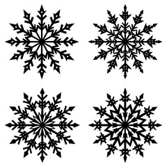 Four black snowflakes with intricate patterns on a white background winter
