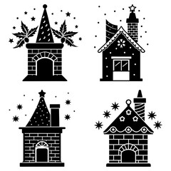 Four Christmas-themed castle and house silhouettes with stars and decorations on white background holiday